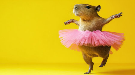 A delightful capybara performing a playful dance in a pink tutu on a bright yellow background, capturing the essence of joy and whimsy in a unique and charming scene.の素材