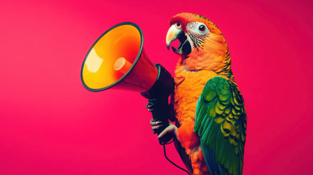 A cheerful parrot holds a megaphone against a vibrant pink background, showcasing a playful theme of communication and expression in wildlife photography.の素材