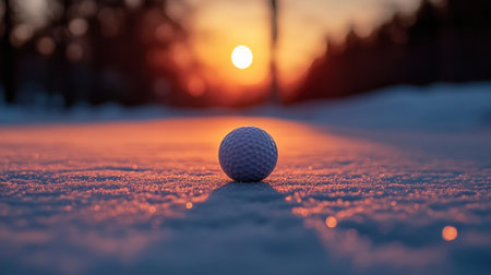 A solitary golf ball sits atop snow, illuminated by a stunning sunset. The colors blend warmly, creating a picturesque and tranquil winter scene perfect for sports enthusiasts.の素材