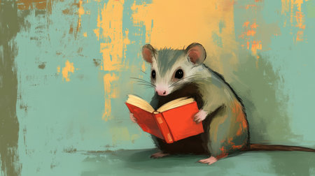 Adorable illustration of a small mouse engrossed in reading a colorful book, set against a vibrant background, perfect for evoking themes of creativity and learning.の素材
