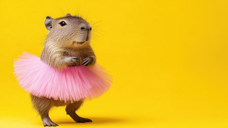A charming capybara dressed in a pink tutu stands confidently against a bright yellow background, exuding playful energy that is ideal for whimsical stock imagery.の素材