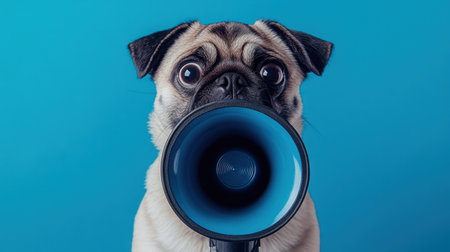 A charming pug dog humorously holds a blue megaphone, showcasing its big eyes against a bright blue backdrop, perfect for conveying fun and personality in images.の素材