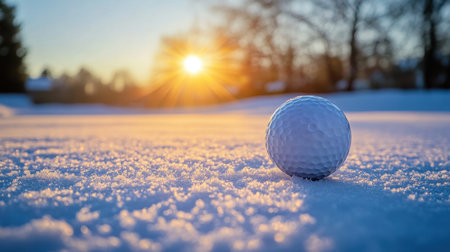 A tranquil scene capturing a single golf ball resting on a snow-covered ground, illuminated by the warm glow of the sunrise, evoking the beauty of winter sports.の素材