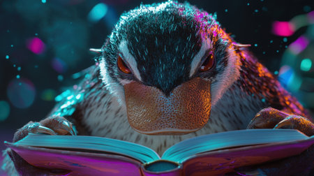 This imaginative illustration features a vibrant penguin deeply engrossed in reading a book, surrounded by colorful lights and a magical atmosphere that inspires creativity.の素材