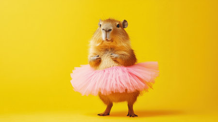 This charming capybara wearing a pink tutu stands out against a vibrant yellow backdrop, creating a joyful and playful scene that captivates viewers and brings smiles.の素材