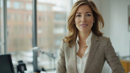 A confident businesswoman poses for a portrait in a stylish office, showcasing professionalism and elegance. The bright urban background adds to the inspiring work environment.の素材