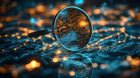 A magnifying glass sits atop a digital network background, reflecting vibrant lights and data patterns, symbolizing technology, analysis, and exploration in a modern context.の素材