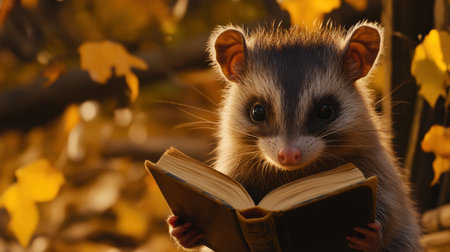 A delightful small animal holds a book amidst stunning autumn scenery, embodying curiosity and warmth. This charming scene invites viewers into a whimsical world of adventure.の素材