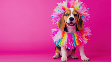 A playful beagle puppy dressed in a vibrant costume with colorful frills, set against a striking pink background, ideal for cheerful and festive moments.の素材