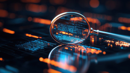 An artistic representation of a magnifying glass over vibrant data streams, showcasing the intersection of technology and research in a visually striking manner.の素材