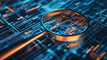 A stunning close-up of a magnifying glass revealing a vibrant digital interface filled with intricate patterns, showcasing data analysis in a futuristic technology setting.の素材