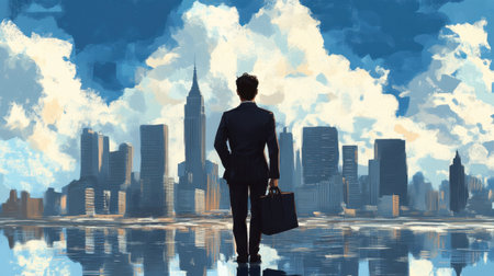 A lone businessman stands before a stunning city skyline, embodying ambition and future opportunities, reflecting on his professional journey amidst beautiful clouds.の素材