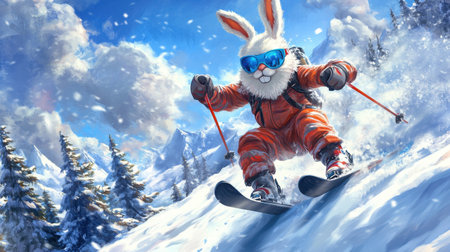 A vibrant cartoon bunny enjoying skiing on a snowy mountain, adorned in bright gear, showcasing a playful spirit amidst a picturesque winter landscape.の素材