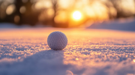 A striking image of a single golf ball set against a snow-covered surface, illuminated by a warm sunset. This scene captures the essence of winter tranquility.の素材