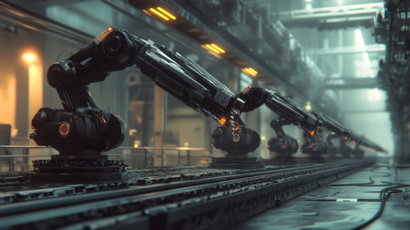 A captivating view of advanced industrial robots actively engaging in automation inside a modern factory. The image depicts high-tech machinery in a dynamic and illuminated environment.の素材