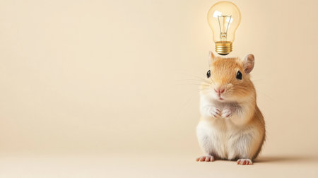 A charming gerbil stands with a light bulb above its head, representing creativity and inspiration. This delightful animal portrait captures the essence of playful imagination and curiosity.の素材