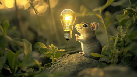 Adorable mouse curiously interacts with a glowing light bulb in a lush green environment, creating a whimsical and enchanting scene filled with wonder and exploration.の素材