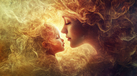 A captivating artistic representation of a mother and child sharing a tender moment, surrounded by ethereal swirls and soft hues, evoking warmth and deep emotional connection.の素材