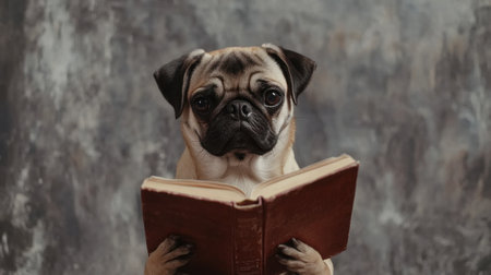 A charming pug dog engrossed in a book, symbolizing curiosity and intelligence, with a warm background creating a delightful and heartwarming atmosphere.の素材