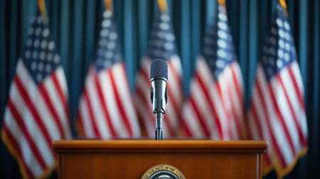 A close-up view of a podium with a microphone set against a backdrop of American flags, representing the essence of political gatherings and national discourse.の素材