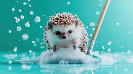 A charming hedgehog enjoys a bubble bath with a playful brush on a bright turquoise surface, creating a delightful and whimsical scene full of joy and fun.の素材