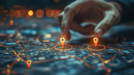 A detailed image showing a hand placing two glowing location markers on a digital map of a city at night, illustrating the integration of technology in navigation and urban planning.の素材