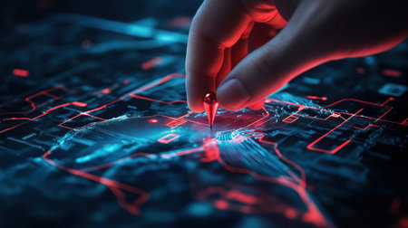 A close-up view of a hand placing a red pin on a digital map filled with neon lights and intricate data visualizations, illustrating modern navigation and technology integration.の素材
