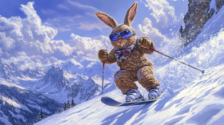 A lively cartoon bunny skillfully skis down a snowy mountain slope, donning stylish sunglasses and bringing fun to a vibrant winter landscape, creating a whimsical snowy adventure.の素材
