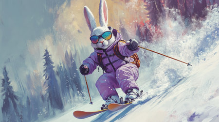 A playful rabbit dressed in colorful ski gear confidently skis down a snowy slope, surrounded by trees in a vibrant winter landscape, capturing the joy of winter sports.の素材