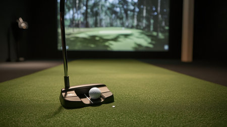 Experience a realistic indoor golf practice setup featuring a high-tech simulator, artificial green turf, and close-up view of a putter and golf ball for enthusiasts and players.の素材