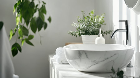 A tranquil bathroom scene featuring a stylish marble basin surrounded by greenery and modern fixtures, creating a serene and elegant environment for relaxation.の素材