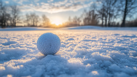 A white golf ball rests on a snow-covered ground during sunrise, showcasing a tranquil winter scene with beautiful lighting and serene outdoor ambiance.の素材