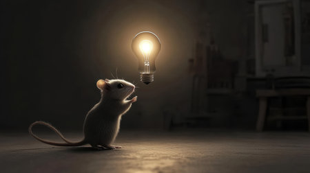 A small mouse engages with a floating light bulb in a dark room, creating a whimsical scene that inspires themes of curiosity, imagination, and innovation in captivating art.の素材