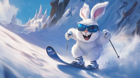 A joyful animated rabbit skiing down a snowy mountain, showcasing excitement and playfulness with bright blue sunglasses and a cheerful demeanor, perfect for winter-themed visuals.の素材