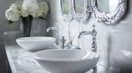 A sophisticated bathroom scene showcasing dual white bowls on a marble countertop, complemented by silver fixtures and a stunning floral arrangement under ornate mirrors.の素材