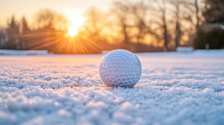 A solitary golf ball rests on a snowy landscape during sunrise, showcasing a serene winter scene that captures the essence of tranquility and beauty in nature.の素材