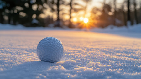 A striking image featuring a golf ball resting on a snowy surface, illuminated by the warm glow of a setting sun, blending winter beauty with outdoor sport.の素材