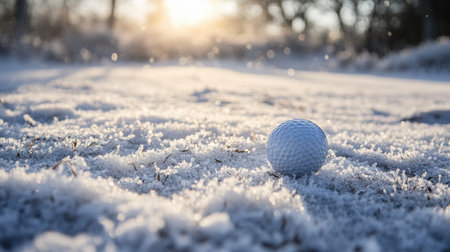 A serene winter golf scene featuring a white golf ball resting on sparkling snow, illuminated by soft morning light, showcasing winter's beauty and peaceful atmosphere.の素材