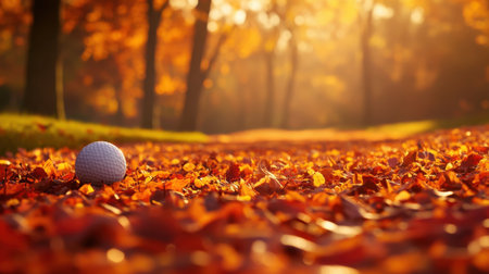 A serene golf scene filled with autumnal colors, showcasing a golf ball resting on a path adorned with vibrant fallen leaves and warm sunlight filtering through trees.の素材