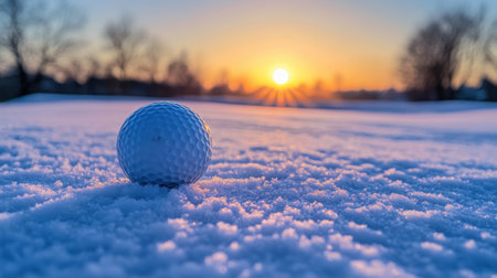 A white golf ball rests on a pristine layer of snow under a stunning sunset, highlighting the serene intersection of winter beauty and outdoor sports activities.の素材