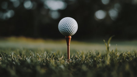 A close-up view of a golf ball placed on a wooden tee in vibrant green grass, ideal for depicting sports, recreation, and outdoor leisure activities during serene moments.の素材