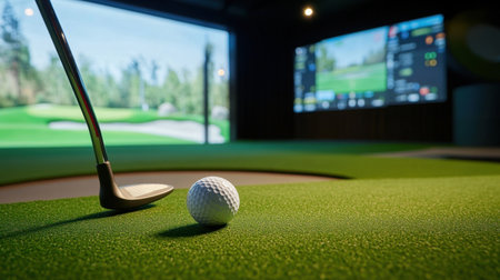 Indoor golf simulator features a realistic putting surface and displays vibrant golf course visuals, perfect for training or recreational activities in a modern setting.の素材