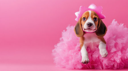 This cute beagle puppy in a pink costume jumps joyfully against a bright pink background, evoking happiness and playfulness, ideal for pet lovers and celebrations.の素材
