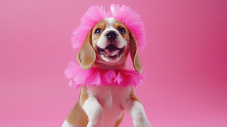 A playful beagle puppy wearing a bright pink tutu radiates joy and charm against a vibrant pink backdrop, showcasing its adorable personality and spirited expression.の素材
