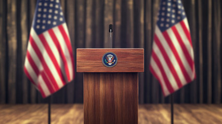 A wooden podium with a microphone stands before two American flags, representing the essence of political discourse and democratic processes in official settings.の素材