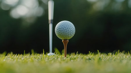 A vivid close-up of a golf ball resting on a tee, set against lush green grass, capturing the essence of the game in a serene outdoor environment.の素材