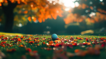 A tranquil autumn scene features a blue golf ball resting on vibrant fallen leaves, capturing the essence of nature and sports in a picturesque outdoor setting.の素材