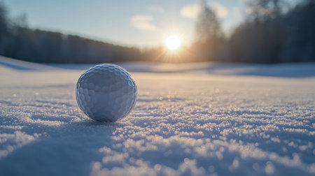 A tranquil image showcasing a golf ball resting on snow, illuminated by a soft sunset in the background, perfect for evoking themes of winter sports and serene landscapes.の素材