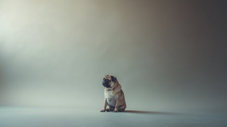 A delightful pug dog sits serenely in a studio setting, embodying innocence and curiosity against a soothing background, perfect for dog lovers.の素材
