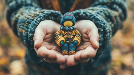 A warm and cozy scene showcasing a handmade doll held in gentle hands, surrounded by vibrant autumn leaves, capturing the essence of craftsmanship and comfort in nature.の素材